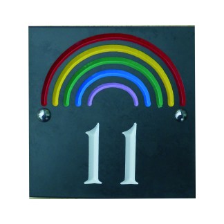 Hand Engraved Slate Rainbow House Number Plaque (150mm x 150mm)