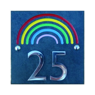 Rainbow Motif Slate House Sign with Stainless Steel Numbers (150mm x 150mm)