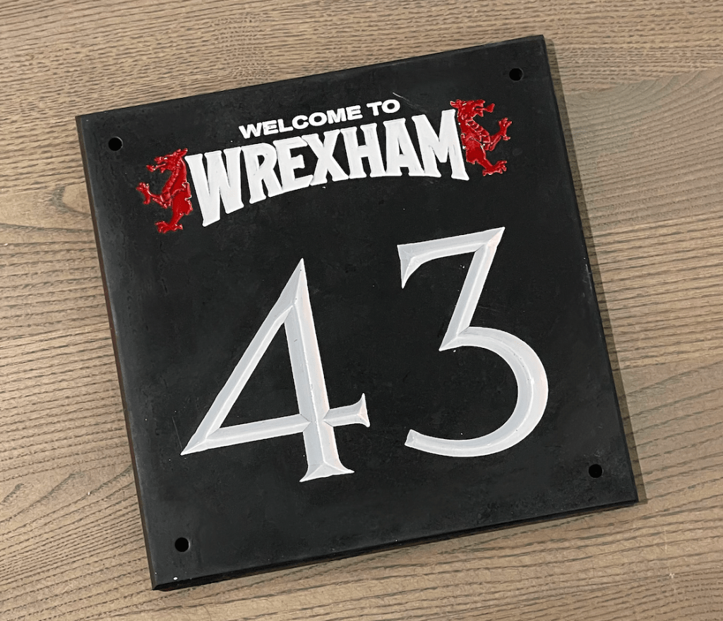 Custom engraved slate house number with “Welcome to Wrexham” design and red dragons